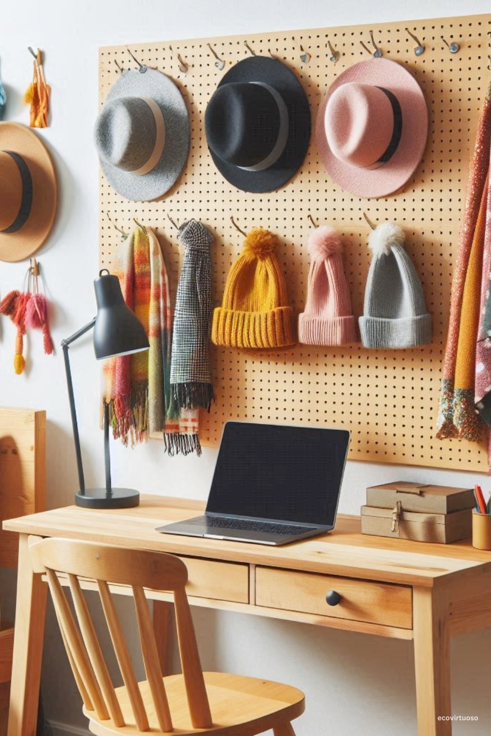 a pegboard with caps and hats hanging on it