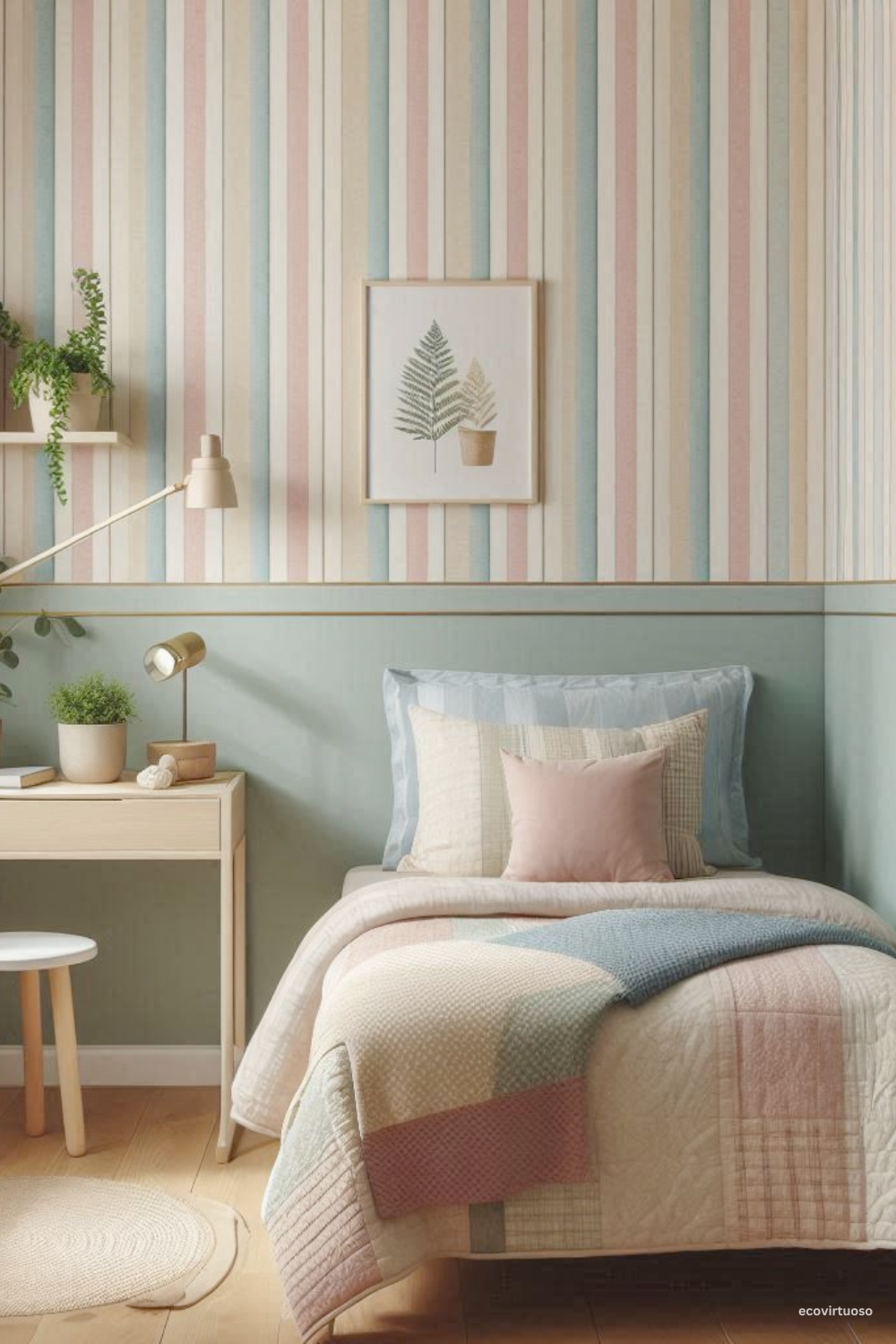 a bedroom with striped wallpapers