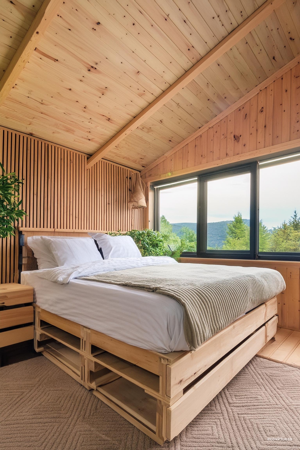 a bedroom inside an attic, wooden walls