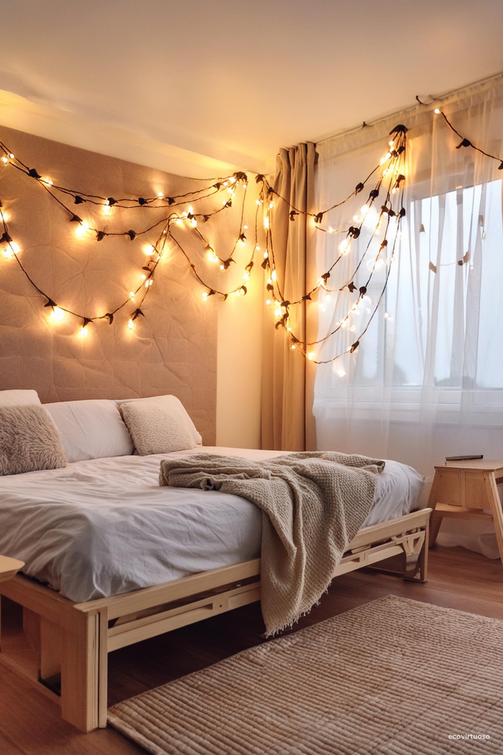 a bed and stringlights