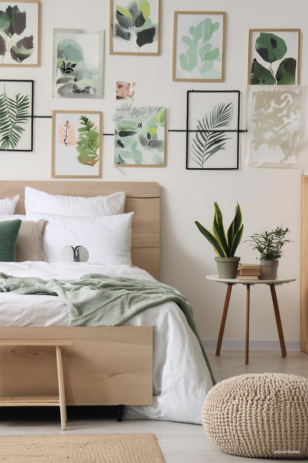 a bed with personalized photos and artwork