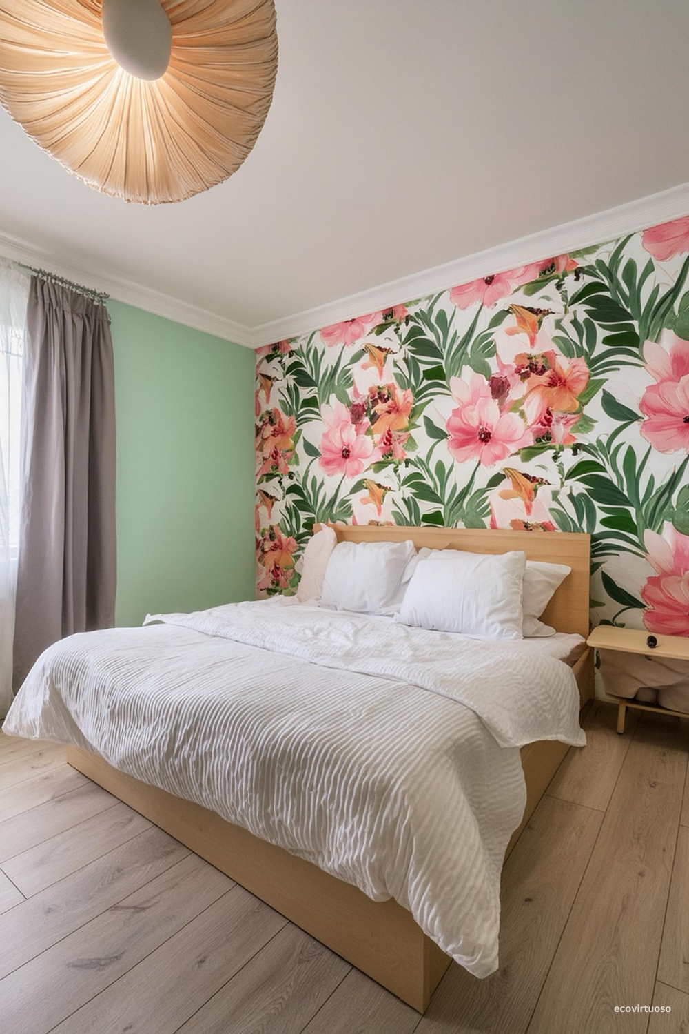a bedroom with textured floral wall above it