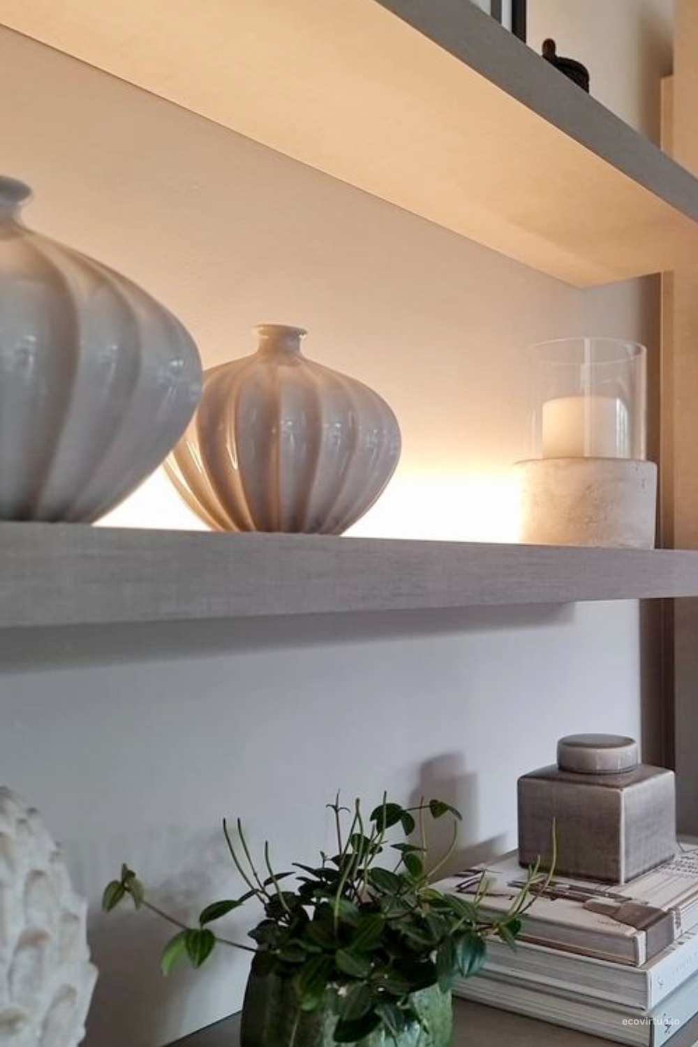 floating shelves with vases