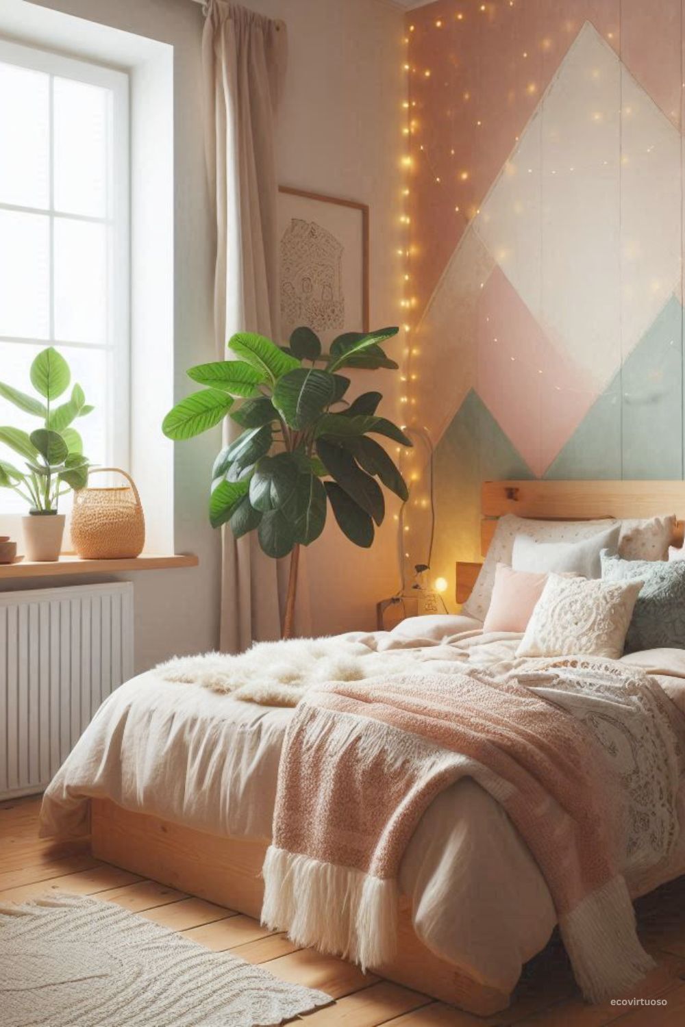 a bed with plants and a window