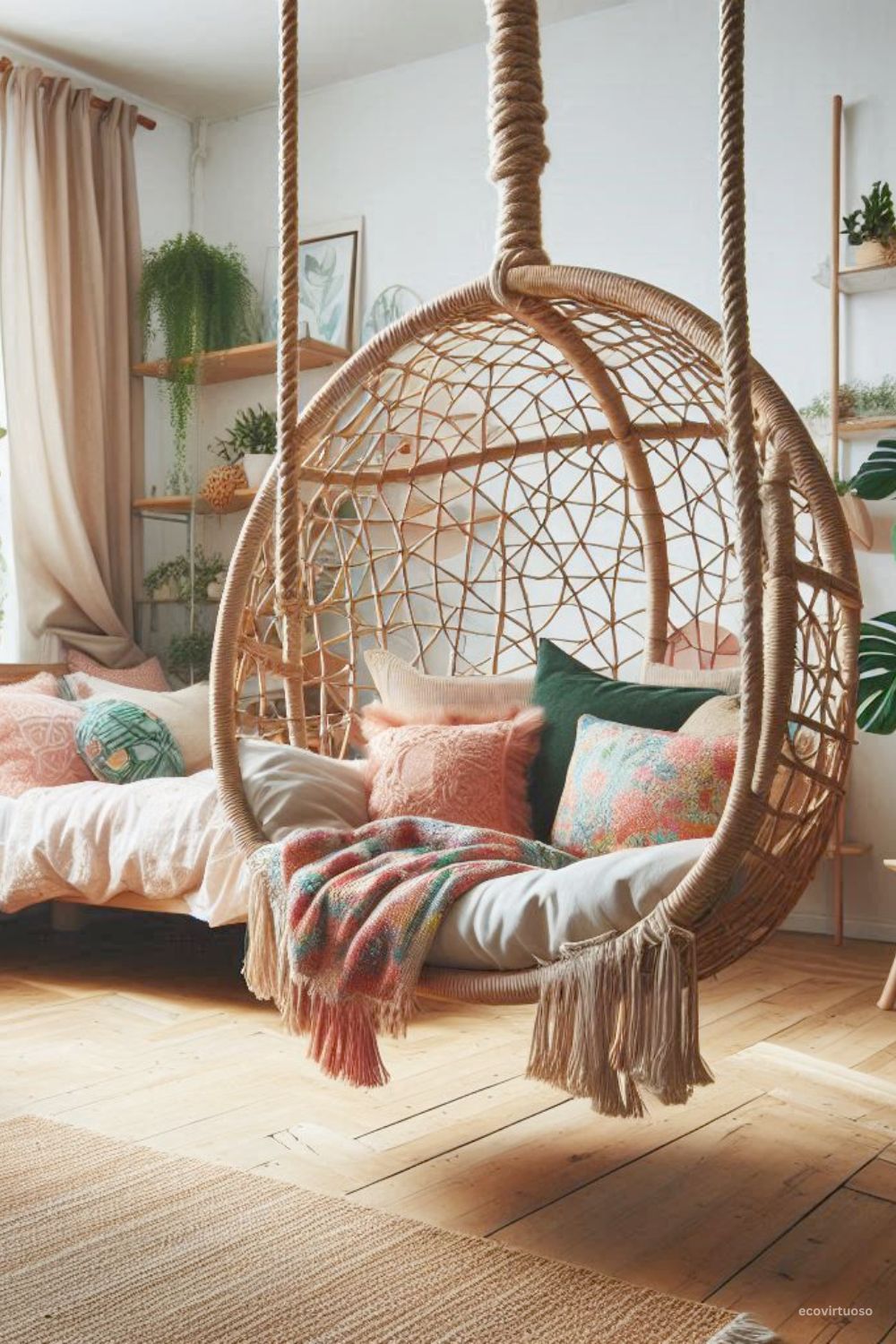 a hanging chair inside a bedroom