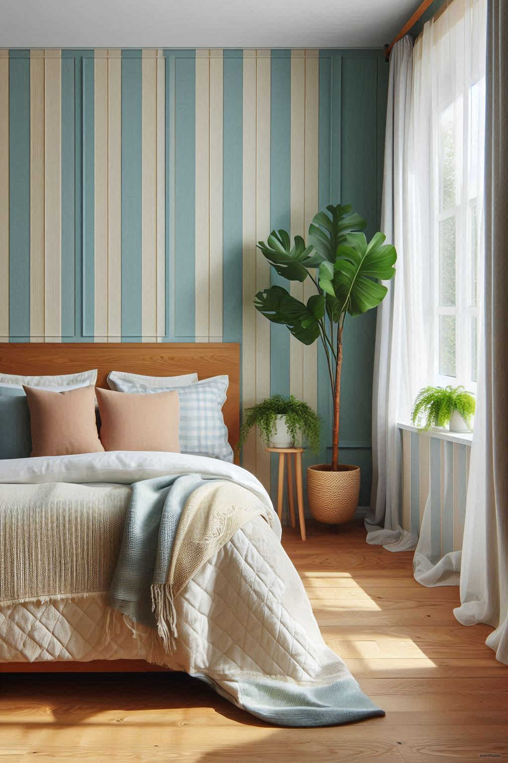 a bedroom with vertically striped walls