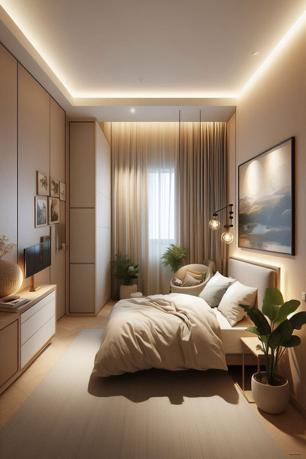 a bedroom with beige colored walls