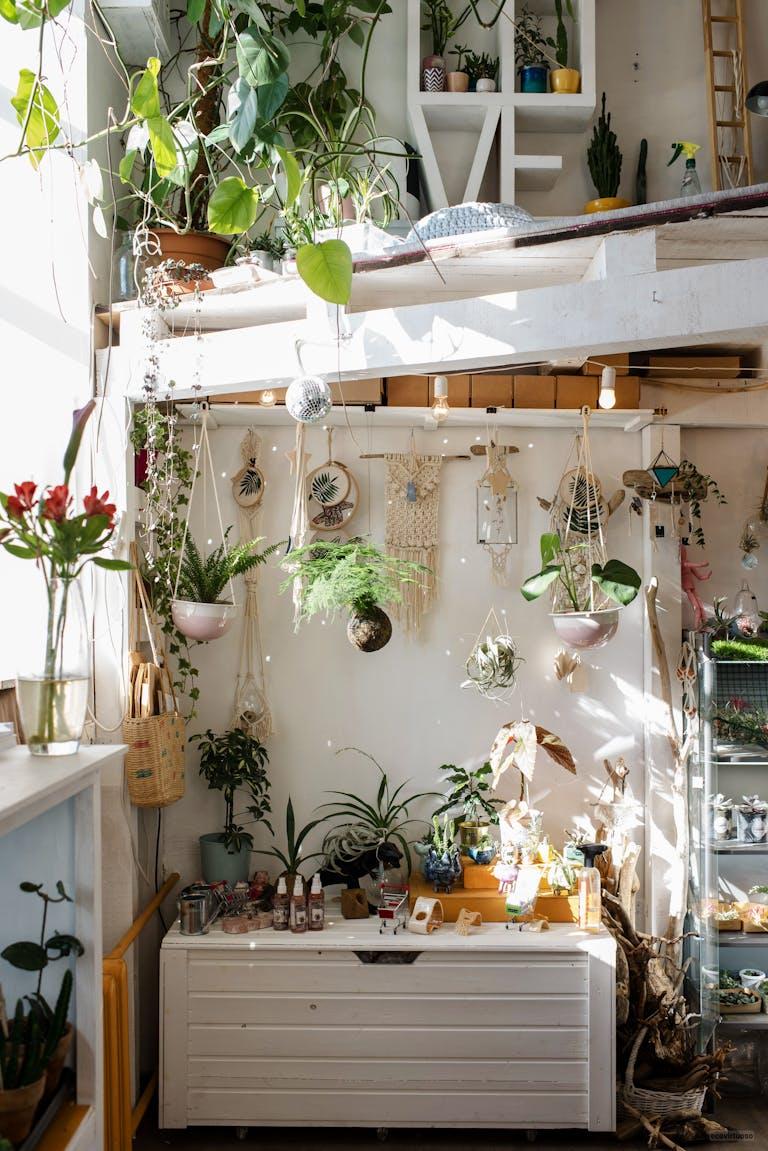 Interior of modern stylish room with two tier layout and floral design